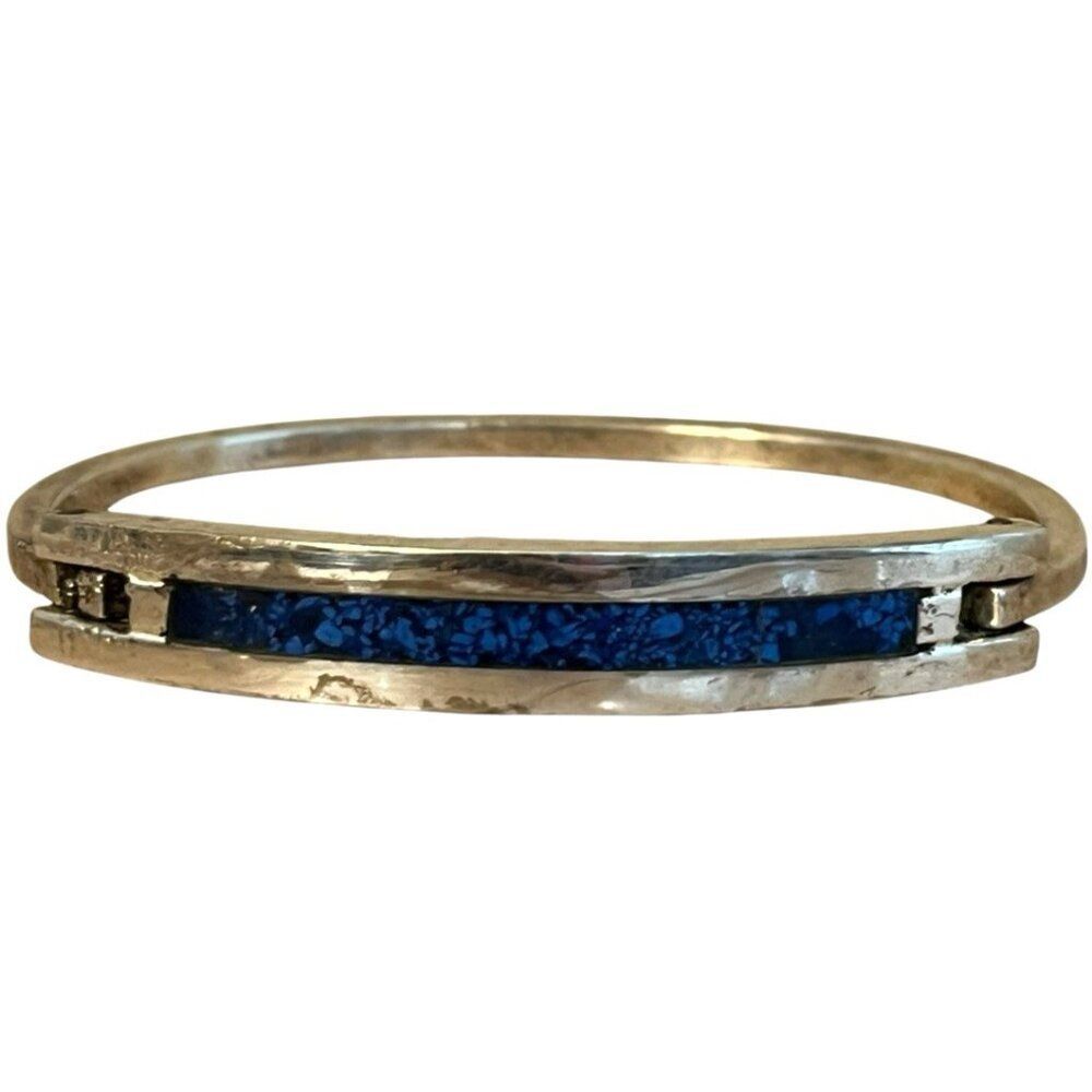 Vintage Alpaca Mexico Silver Crushed Blue Lapiz Inlay Hinged Bracelet One Size